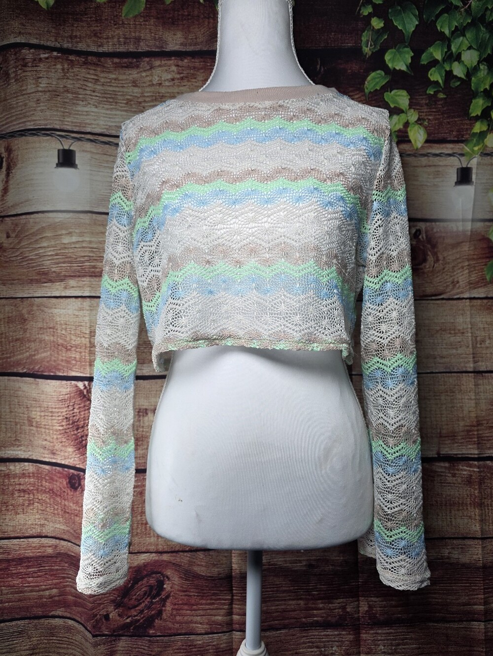 wild fable Crochet Crop Top in Cream with Pastel Blue & Mint